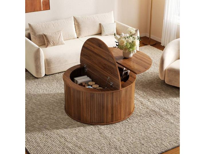 Piaenon - Table Basse Ronde 88x88x53.5cm Relevable Rangement Caché 75kg Design Moderne Salon - Noyer