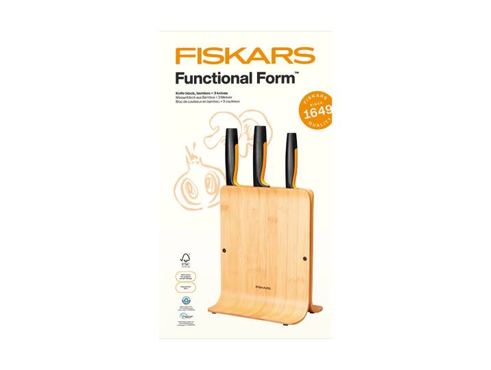 Fiskars Functional Form set de couteaux avec bloc de couteaux Bambu, 4 pièces