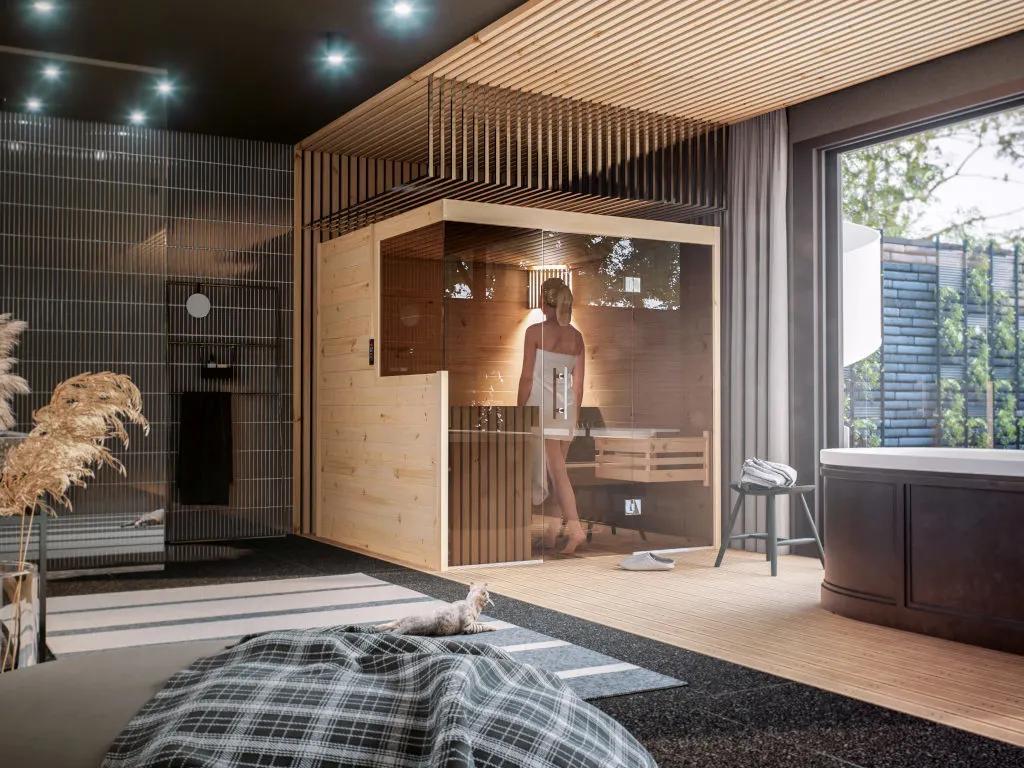 Massivholzsauna Nova mit 9kW -Kombiofen und ext. Steuerung