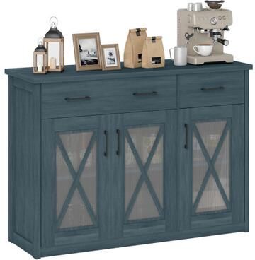 Costway Farmhouse Buffet Sideboard 3-Door Kitchen Storage Cabinet with 2 Drawers-Turquoise