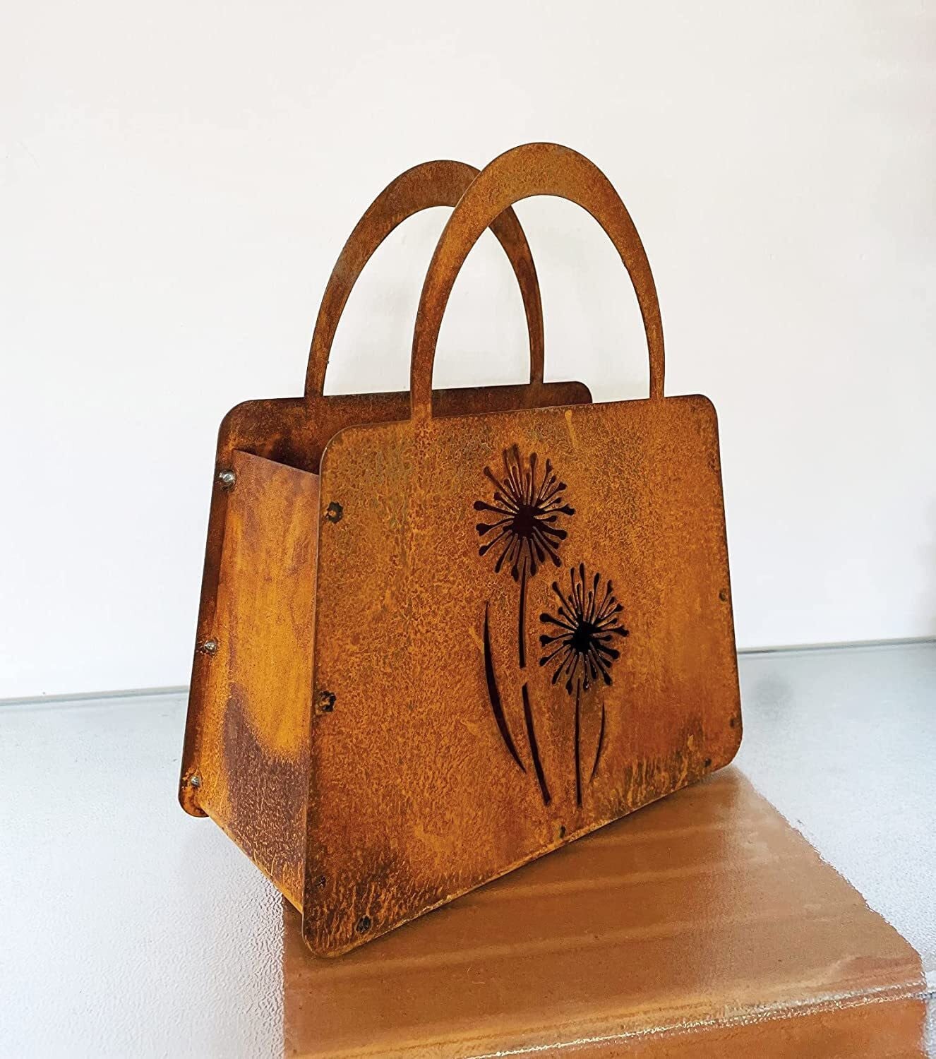 Steinfigurenwelt Gießen Edelrost plantentas met 2 bloemen, 27 x 32 cm, roestkleurig