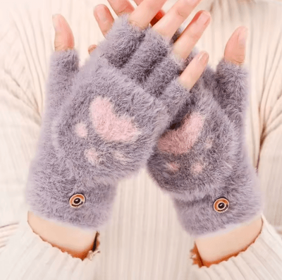 Inspire Picks Womens Plush Cat Paw Mittens Thick Warm Fingerless Winter Gloves For Girls gray
