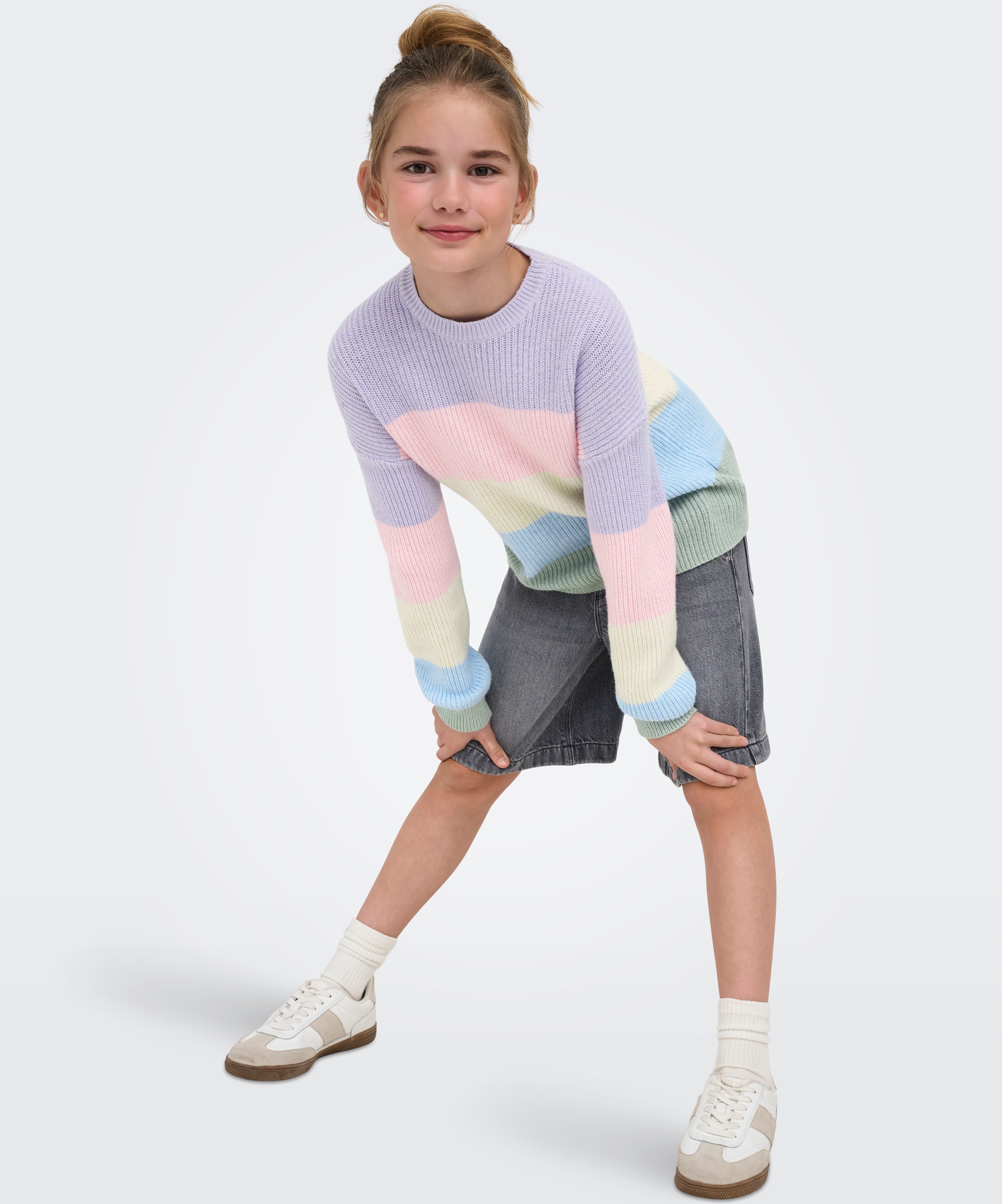 Strickpullover KIDS ONLY "KOGSANDY L/S STRIPE PULLOVER KNT NOOS", Mädchen, Gr. 146/152, bunt (lavendula), Strick, Obermaterial: 50% Viskose, 27% Nylon, 23% Polyester, gestreift, regular fit hüftlang, Rundhals, Bündchen, Pullover Strickpullover