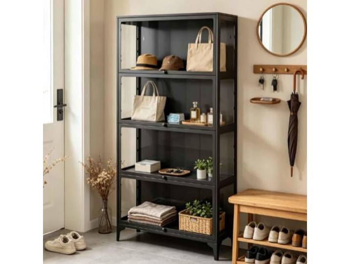 Gavoir Vitrine Glas Stehend Schwarz Metall 4-Lagen 32x78x165cm Sammlervitrine Vitrinenschrank Küche Wohnzimmer Glasvitrine