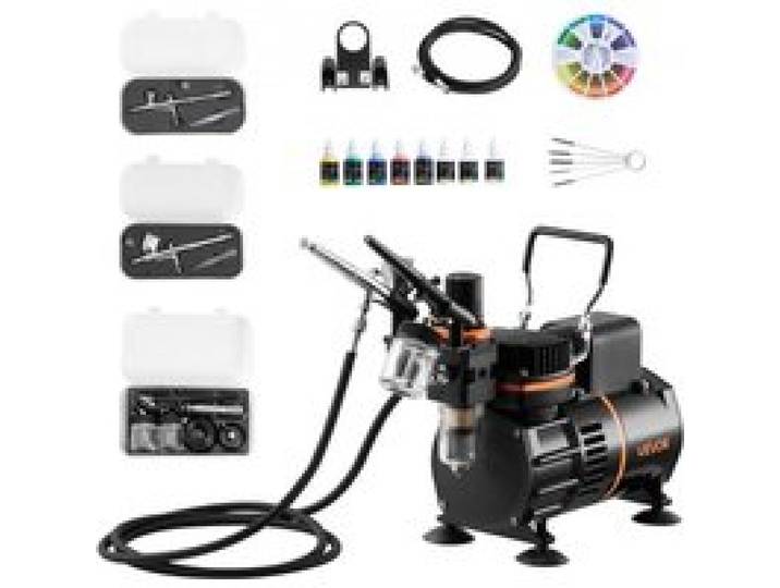 VEVOR Kit Aérographe avec Compresseur d’Air 1/6 HP, Compresseur Aérographe avec 3 Pistolets à Double Action,3 Buses, Tuyau, Peinture Acrylique, 2 Ventilateurs, Décoration Pâtisserie Onglerie