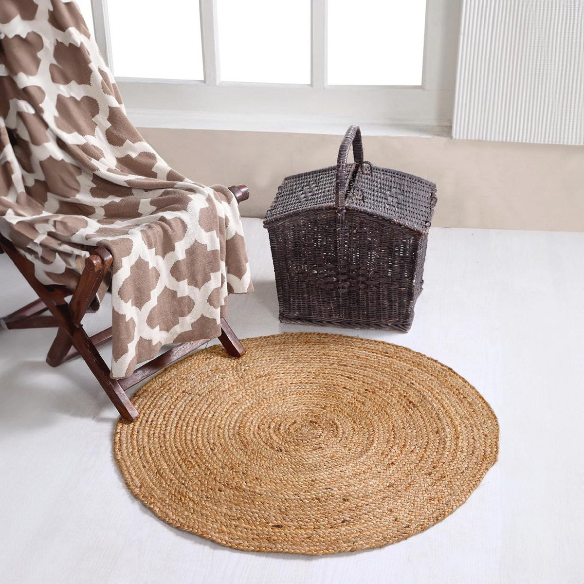 Handgeweven rond jute vloerkleed