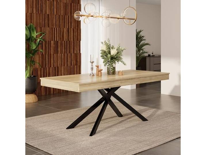 ModernLuxe Ausziehbarer Esstisch 140–180 cm für 6–8 Personen, Rechteckiger Esszimmertisch Eiche mit Metallbeinen