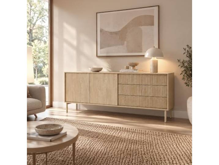 Lomadox Wohnzimmer Sideboard in Cremona Eiche, 187 cm breit, Rillenfront, 2 Türen, 3 Schubladen