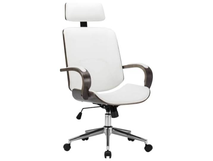 Favemtsl Bürostuhl Drehstuhl mit Kopfstütze Kunstleder Weiß Ergonomischer Drehsessel mit Bugholz und Kopfstütze für Homeoffice, Lounge sowie Arbeitszimmer. Höhenverstellbar.