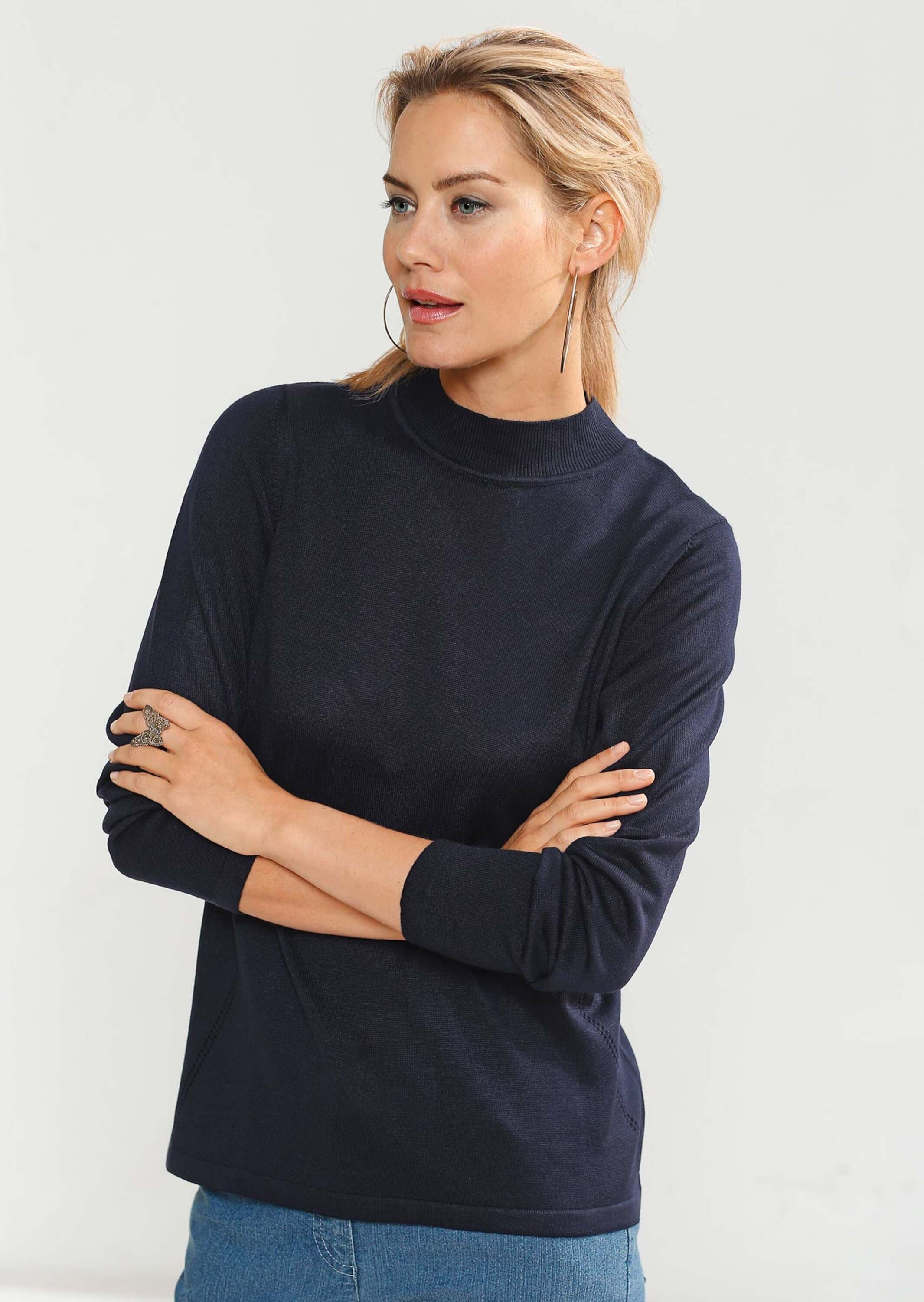 Strickpullover GOLDNER "Strickpullover mit Stehbundkragen", Damen, Gr. 42, blau (marine), Obermaterial: 100% Polyacryl PAN., eng Tubular, Pullover Strickpullover, wie echter Kaschmir