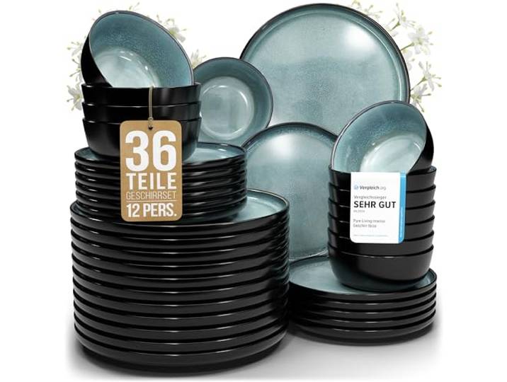 Steingut Geschirrset 12 Personen Ibiza 36 tlg. TESTSIEGER, Traumhaftes Mediterranes Steingut Geschirr Set, Schüssel- und Teller Set, Tafelservice 12 Personen, Geschirrsets Pure Living in Petrol
