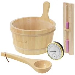 LuxeBath Sauna Zubehör Set 4-tlg, Kiefernholz, Kübel, Kelle, Thermometer-Hygrometer & Sanduhr