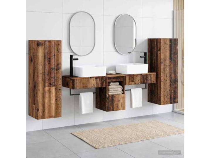 Badezimmermoebel-Set 5 Stk. Altholz 33 x 34,5 x 100 cm mit Waschbecken Holzwerkstoff, zwei Waschtische, zwei Wandschraenke, Schubladenschrank, Wandmontage, flexible Installation, umkehrbare Tueren