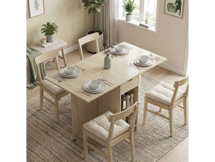 HOMCOM Table à Manger Pliante 2-4 Pers Bois Roulante Tiroir