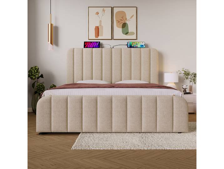 KOMHTOM coussin lit lin Beige Usb type-c rembourré tête de lit roulement hydraulique
