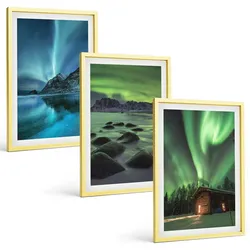 BILDER SET 3er Set - 40x60 cm Goldrahmen - Winterlandschaften, Nordlichter, Berge