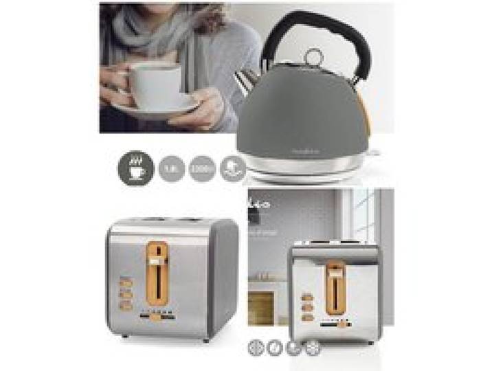 Pack petit-déjeuner - NEDIS - Rétro Vintage - Bouilloire 1 8 L 2200 W - Grille‑pain 2 fentes 900 W - Gris
