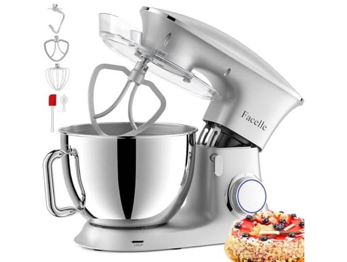 Küchenmaschine Knetmaschine 2000W 8,5L Teigknetmaschine Teigmaschine Facelle Rührmaschine mit Schneebesen, Knethaken, Rührbesen & Spritzschutz zum Backen, Kuchen, Kekse, Kneten, 6+P