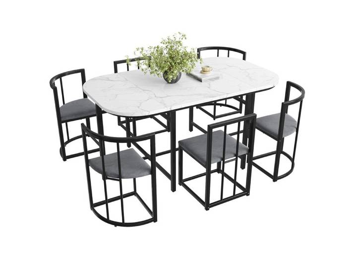 VLIVRA Ensemble Table et 6 Chaises avec Dossier - MDF Fer et Velours - Blanc Gris et Noir