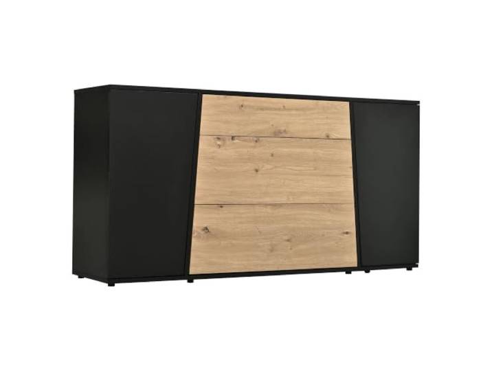 Sideboard 140x35x70 cm mit 3 Schubladen & 2 Türen, Schwarz + Holzton MDF+Spanplatte, 140x35x70cm, Schwarz/Holzton, 2 Soft-Close-Türen, 3 Schubladen, höhenverstellbare Böden, max. Traglast 25kg