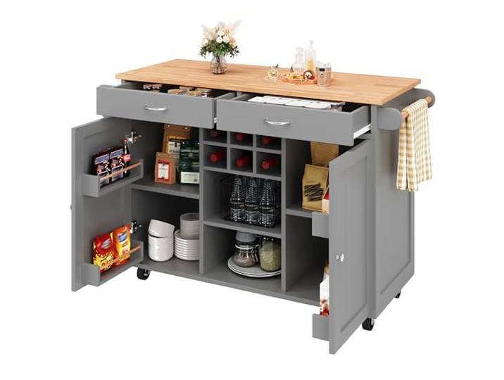 Ropilly Kücheninsel mit Stauraum, graue Kücheninsel 102 cm Mobile Kücheninsel mit MDF-Holzmaserung, Weinregal und feststellbaren Rollen für Küche und Esszimmer