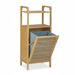 Relaxdays Badregal mit Wäschekorb, HxBxT:95x40x30cm, 2 Ablagen, ausklappbarer Wäschesack, Wäschetruhe 25L, natur