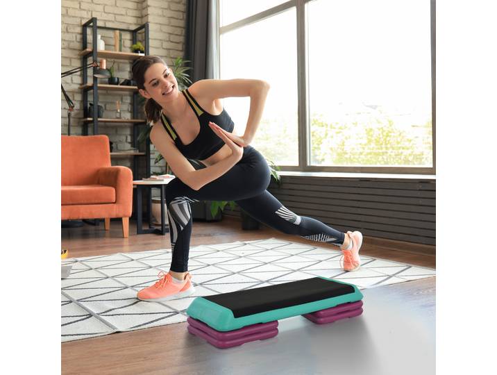 HOMCOM Marchepied d'Aérobic Fitness Stepper réglable en hauteur 10cm/15cm/20cm PVC PP Noir+Vert+Violet 110 x 40 x 20 cm