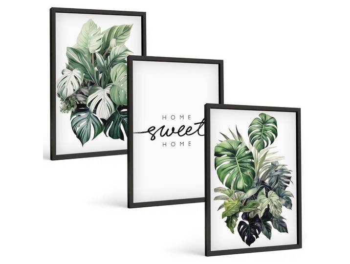 Tulup Bilder SET 3er Set - 40x60 cm Schwarzer Rahmen - Pflanzen mit der Aufschrift „Sweet Home“, Kunststoff, Rechteckig, 40x60 cm, gerahmt, Bilder & Rahmen, Bilder