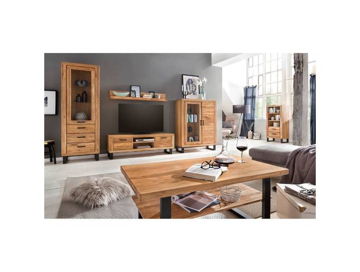 TV-Lowboard II Front: Massivholz Eiche, geölt Korpus: MDF Mitteldichte Holzfaserplatte , furniert Griffe & Gestell: Metall, pulverbeschichtet