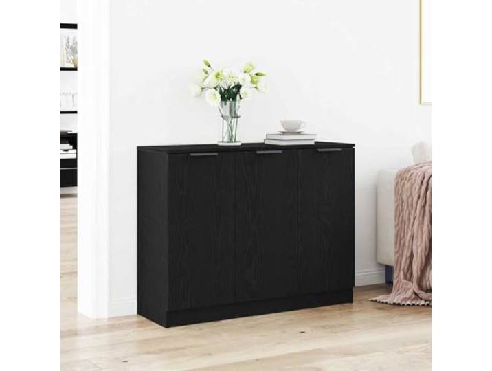 RJPLMFV Anrichte Eiche, Schwarz, 90,5 x 30 x 70 cm, Holz Wohnzimmermöbel, bündige Türen, Griffe aus Stahl, silberfarben, modernes Design