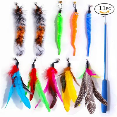 Inspired Finds Interactive Caterpillar Feather Cat Wand Toy With Retractable Fishing Rod blue