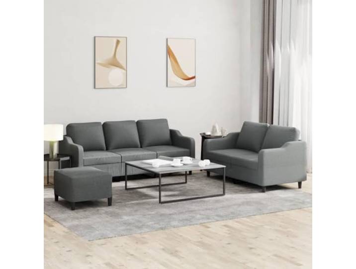 HEFZGDB 3-TLG. Sofagarnitur mit Kissen Dunkelgrau Stoff – Langlebiges Wohnzimmer Sofa Set mit Beistellhocker, Robustes Gestell aus Sperrholz und Metall für Strapazierfähigen Komfort,