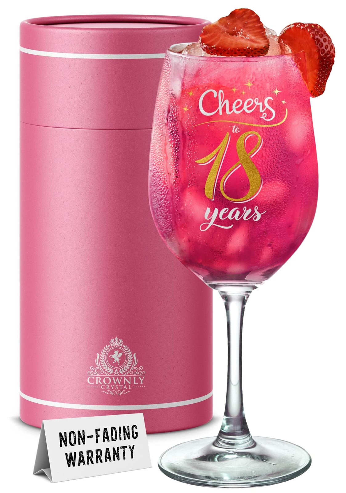 Wijnglas met Cheers To 18 Years bedrukking en cadeaudoos voor 18 jaar verjaardag