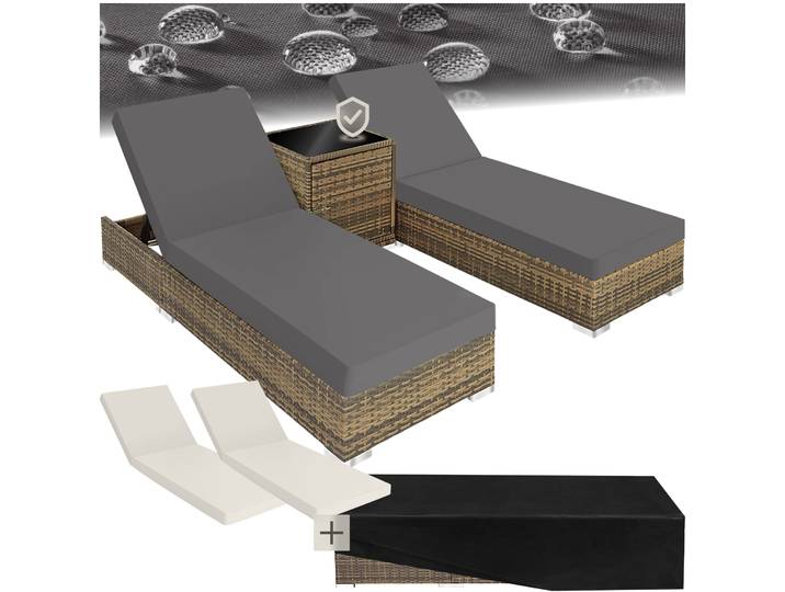 2 Sonnenliegen Rattan mit Aluminiumgestell und Tisch inkl. Schutzhülle - natur