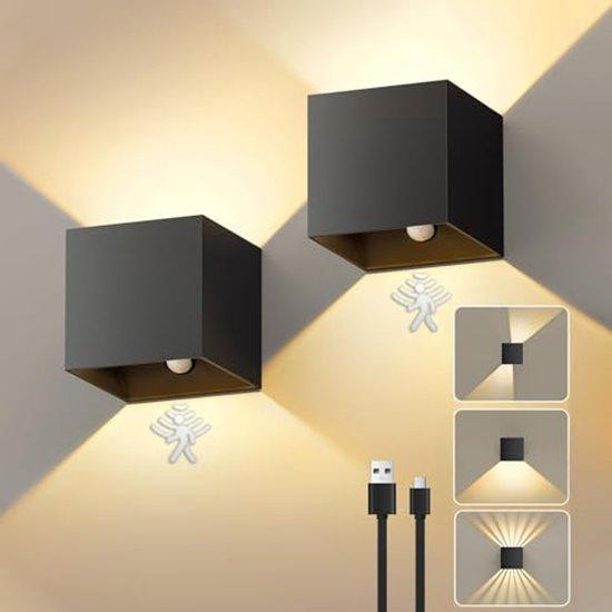 WAN Draadloze Dimbare Led-wandlamp met Bewegingsmelder - Modern Zwart Aluminium (2 stuks)