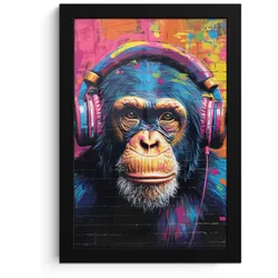 POSTER MIT RAHMEN Graffiti - Schimpanse - Straßenkunst - Kopfhörer - Affe Poster 20x30 cm