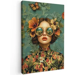 LEINWANDBILD Frau - Blumen - Schmetterlinge - Natur - Vintage Wanddeko 40x60 cm
