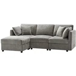 L-förmiges Schlafsofa 218x156x86 cm mit Fußhocker und verstellbaren Armlehnen – gemütlicher Chenille-Stoff Grau