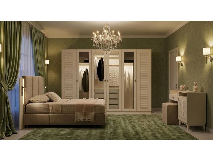 Xlmoebel Schlafzimmer-Set Beiges Schlafzimmer Set Schrank Bett Kommode Modern Holz Textil, (3-tlg., 3-teilig)