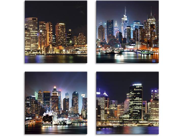 Leinwandbild ARTLAND Sydney Hafen und New York Times Square , blau (farbe bild(er): blau), B:40cm H:40cm, Leinwand, MDF, Bilder, Leinwandbild, 4er Set, verschiedene Grössen