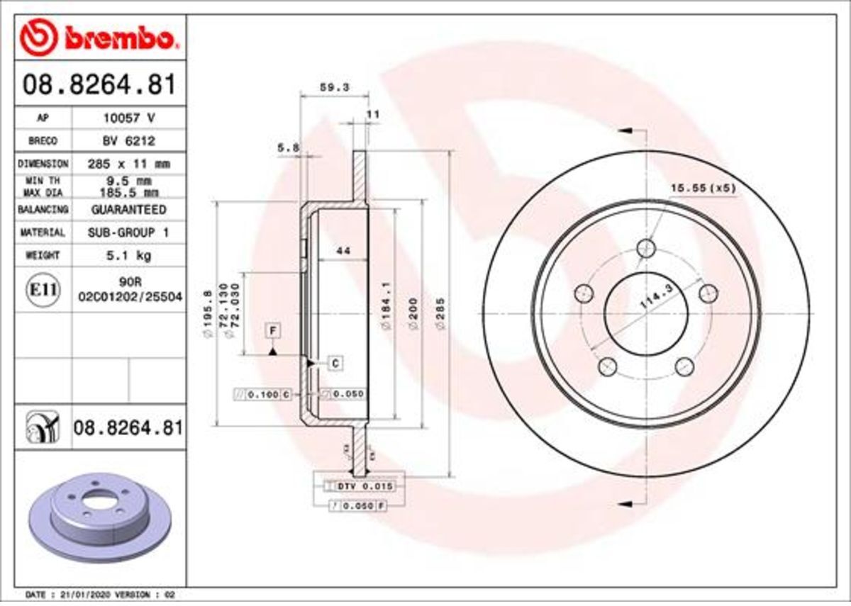 Bremsscheibe BREMBO 08.8264.81, vorne, voll, 1 Stück