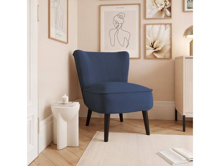 Fauteuil de Salon DANTE - pieds en bois noir - tissu velours - 67x76x76 cm - Bleu marine