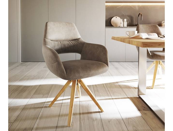 Esszimmerstuhl Yago-Flex mit Armlehnen Mikrofaser Taupe Vintage Holzgestell kantig Natur 360° drehbar Taschenfederkern, Esszimmerstühle
