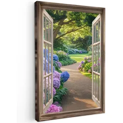 LEINWANDBILD Aussicht - Garten - Fenster - Hortensie - Blumen Deko XXL 80x120 cm
