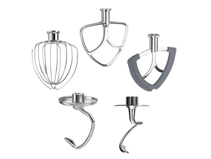 5er Zubehör Edelstahl für KitchenAid 4,3-4,7/4,8L Artisan & Classic Serie Küchenmaschinen Zubehör von MMOBIEL – K45 6-Drahtiger Schneebesen, Flachrührer, Flex Edge Rührer, Spiral-Knethaken & Knethaken