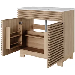 Merax Waschtisch 91x46x80cm, freistehender Badezimmerschrank mit Keramikwaschbecken, Doppeltür, Soft-Close, Naturholzoptik