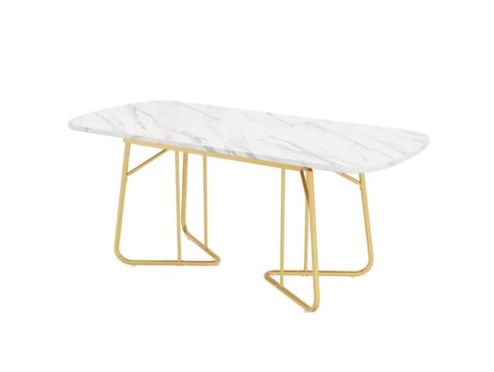 Table À Manger Extensible Blanche Marbre Pieds Métal Doré 140/180x80cm Style Luxe Raffiné Rectangulaire 4-6 Pers