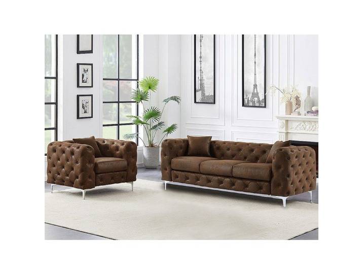 Canapé 3 places et fauteuil chesterfield en microfibre aspect cuir vieilli EDWINA