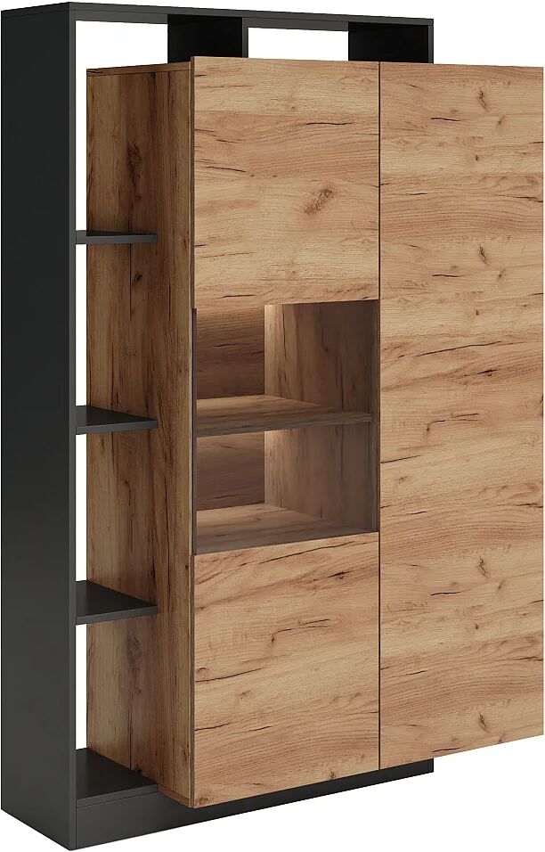 Vente-unique Vitrine 2 portes et 5 niches avec LEDs - Naturel clair et anthracite - IDESIA