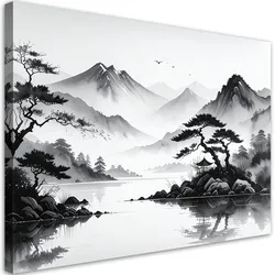 LEINWANDBILD Japanische Landschaft gemalt mit Tinte 120x80cm